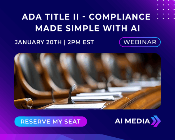 Promotional graphic for a webinar titled “ADA Title II – Compliance Made Simple with AI,” scheduled for January 20th at 2 p.m. EST. The design features a photo of government hearing room seats with microphones, a “Reserve My Seat” button, and the AI-Media logo on a purple and blue gradient background.