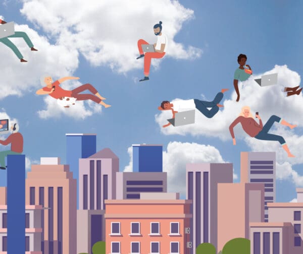 Individuals flying around a city AI-Media