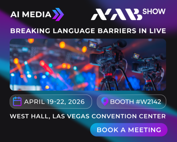 AI Media exhibiting at the NAB Show 2026 in Las Vegas, featuring broadcast cameras on a production set, April 19–22, Booth W2142