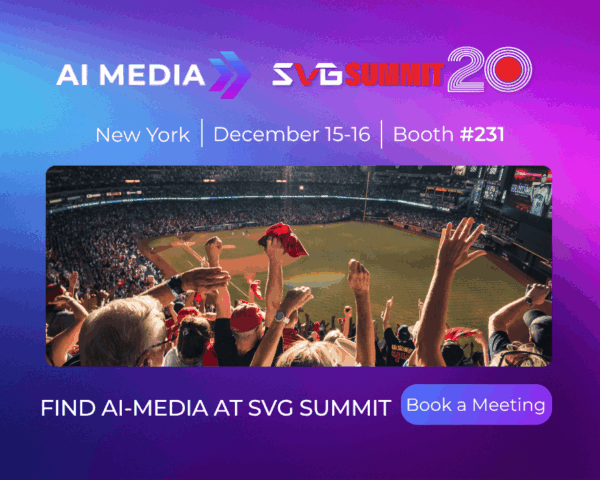 AI-Media promotional graphic for the 2025 SVG Summit in New York, December 15–16, Booth 231, featuring a baseball stadium crowd and a call-to-action to book a meeting.